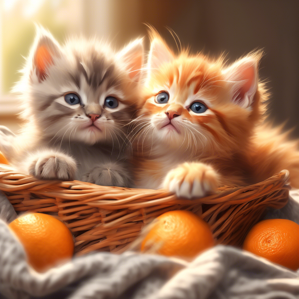 "Playful Kittens in a Basket" Two fluffy kittens, one orange tabby and one gray, playing in a wicker basket on a soft blanket. The setting is a sunlit room, with a cozy and warm atmosphere. Captured in 8K with shallow depth of field.