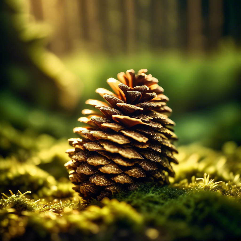 A Fibonacci-patterned pinecone surrounded by soft green moss and illuminated by golden morning light.