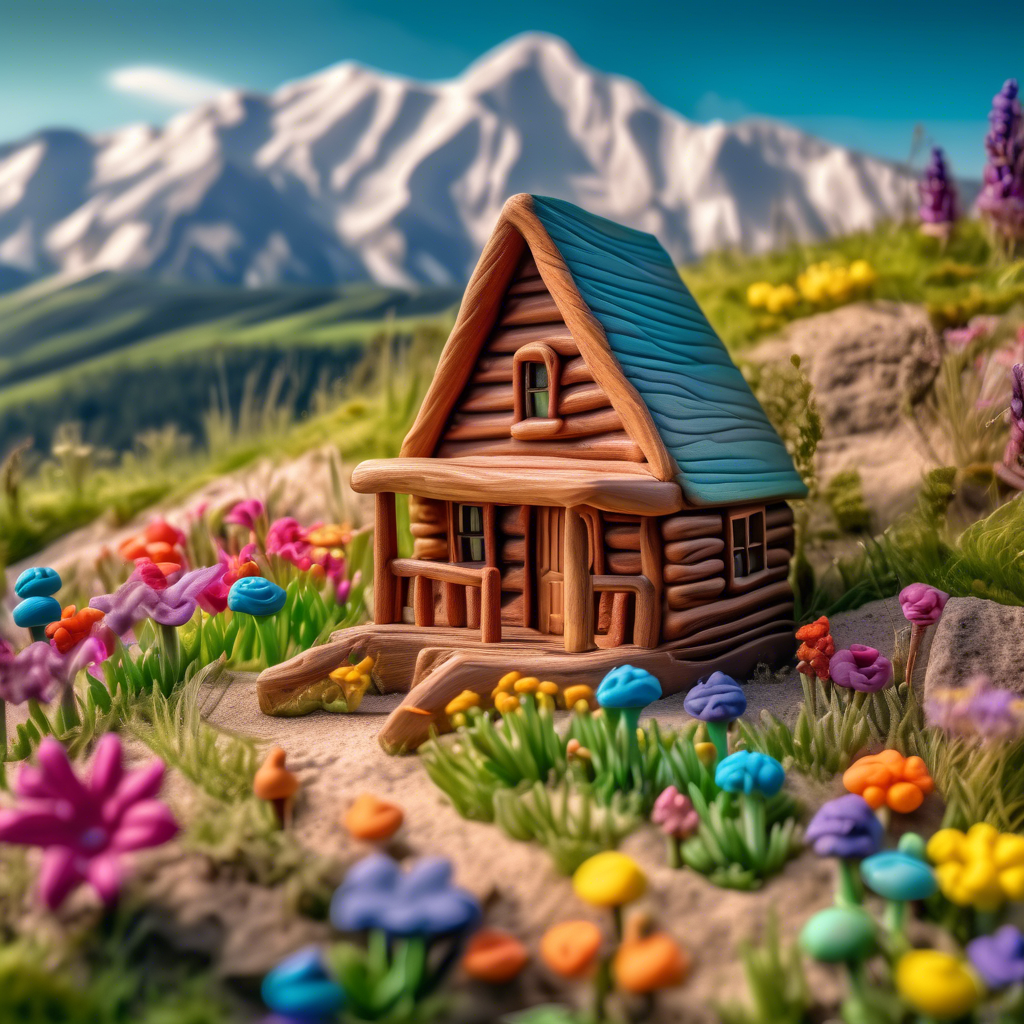 A cozy wooden cabin perched on a grassy hill, surrounded by wildflowers, with a picturesque mountain range in the background, captured in 8K with a 24mm lens and vivid HDR settings.