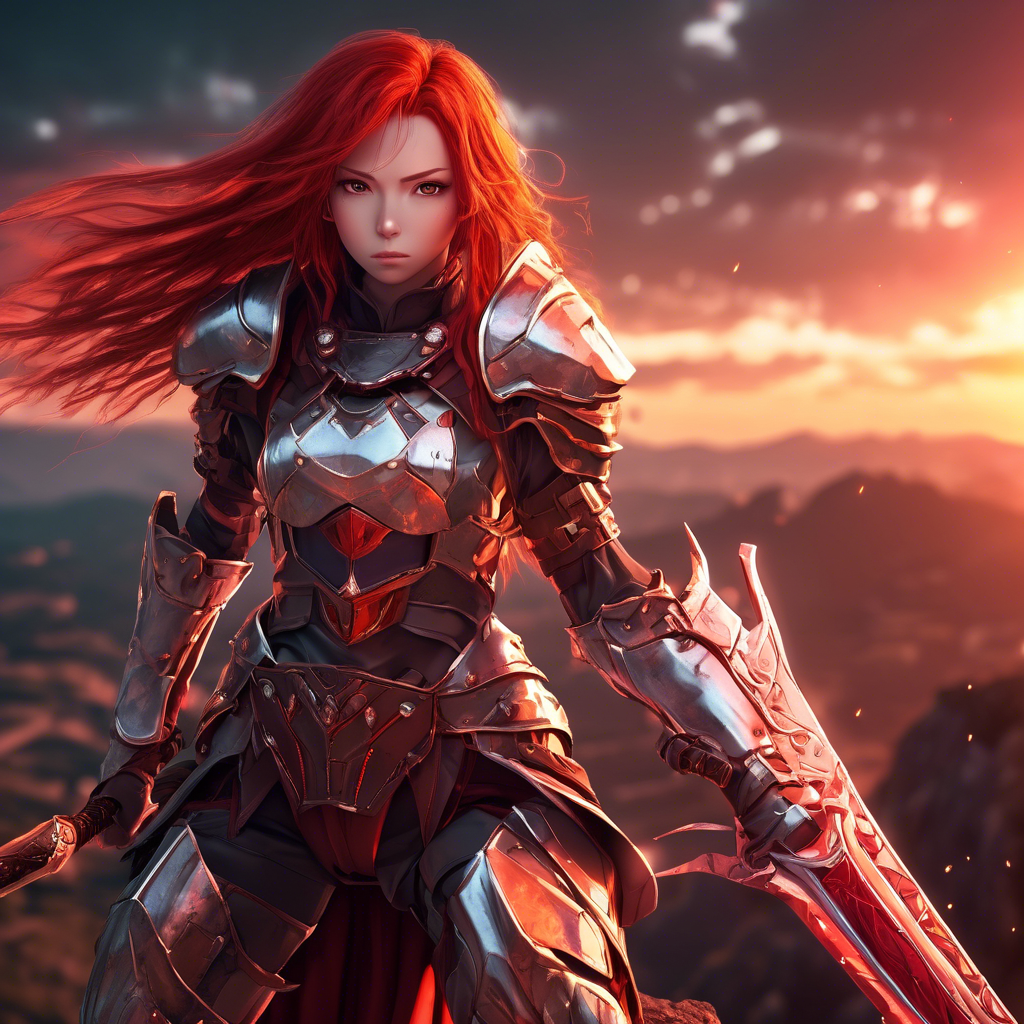 "Warrior Anime Girl in Battle Armor" A strong anime girl with flowing red hair, wielding a massive sword. She wears futuristic battle armor, standing atop a cliff overlooking a battlefield at sunset. Captured in 8K with dramatic lighting and vivid detail.