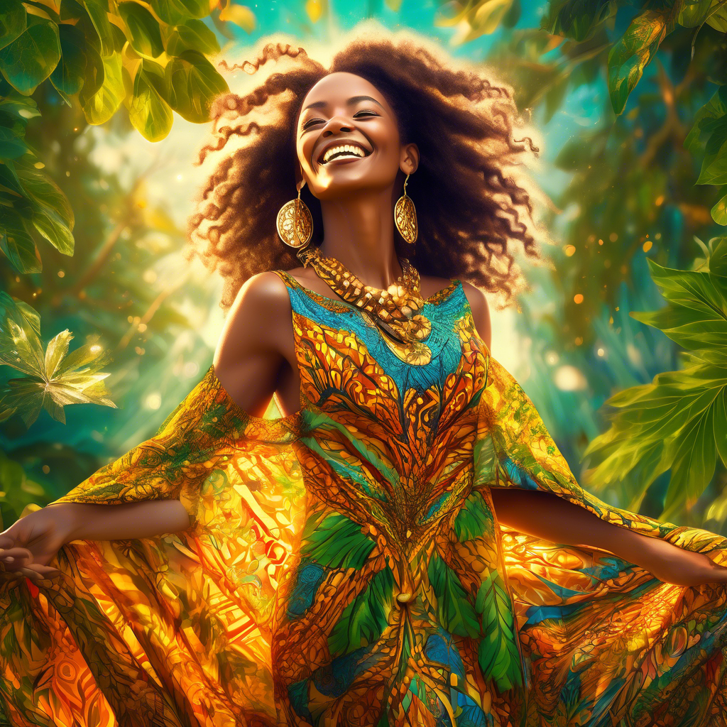 A joyful woman wearing a vibrant Ankara fabric dress with intricate patterns, adorned with golden jewelry. She stands outdoors with a sunny background of lush green foliage. 8K resolution with warm, natural lighting.