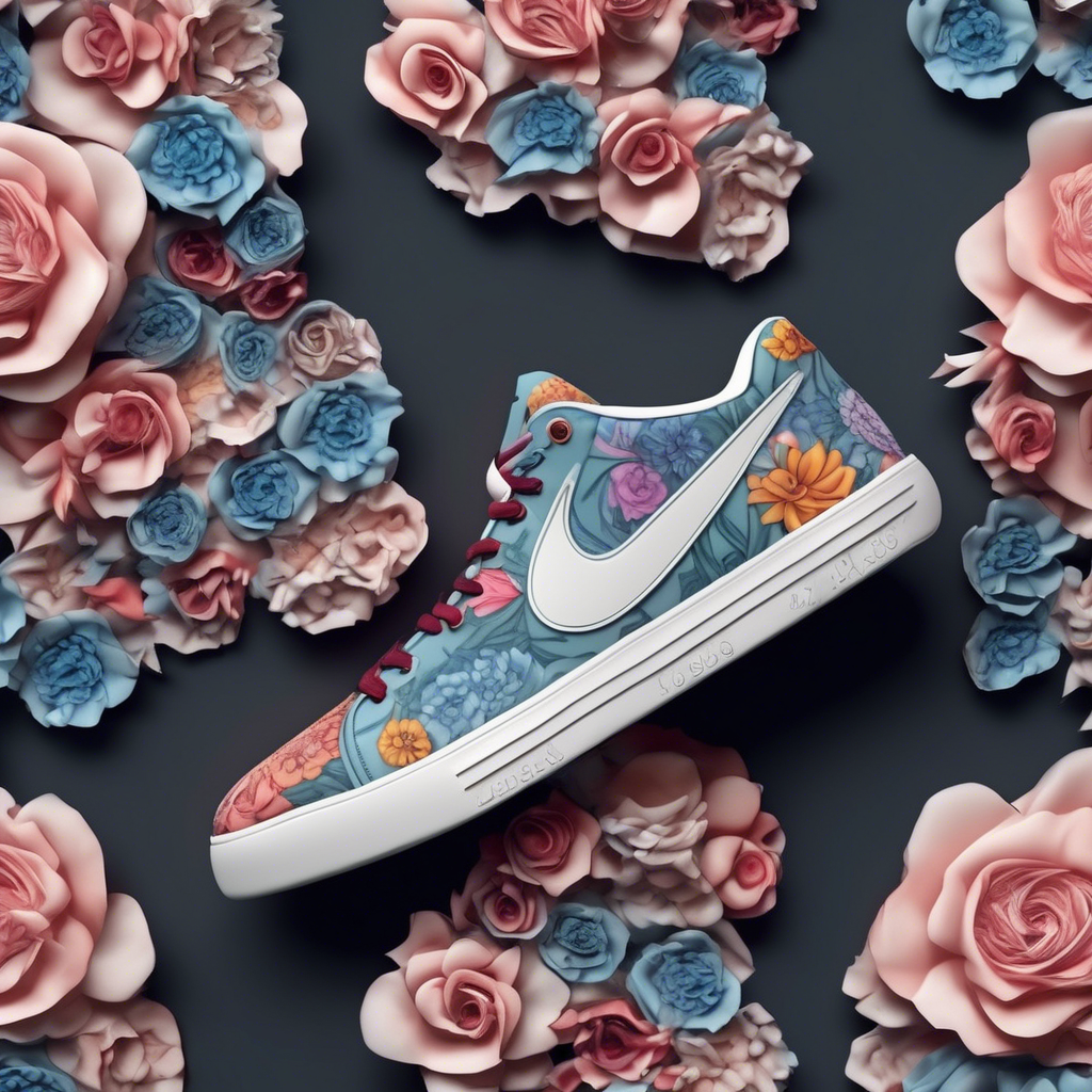 sneakers with silicone soles, nike logo in the shoe, design, flowers, insanely detailed, 8k --ar 4:5