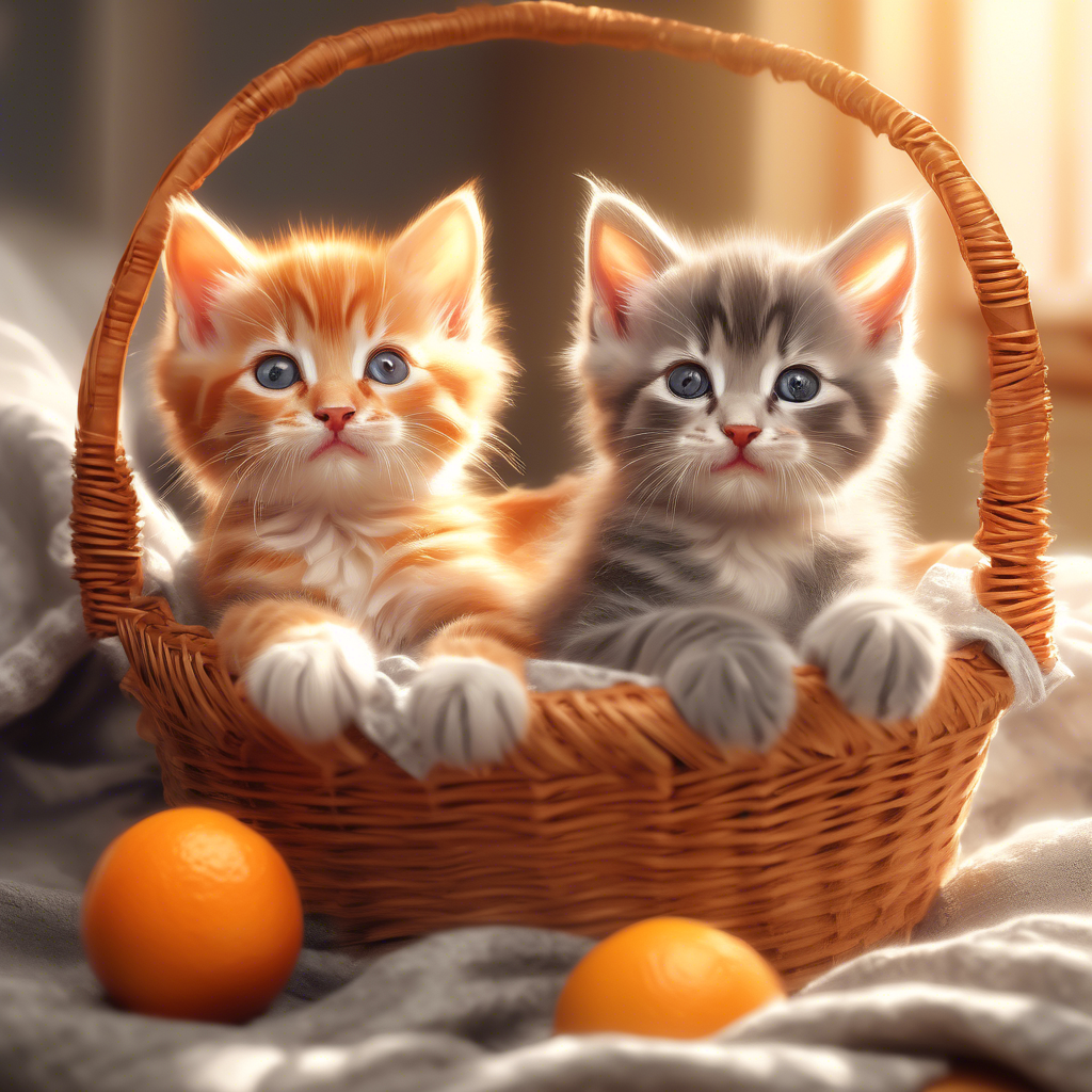 "Playful Kittens in a Basket" Two fluffy kittens, one orange tabby and one gray, playing in a wicker basket on a soft blanket. The setting is a sunlit room, with a cozy and warm atmosphere. Captured in 8K with shallow depth of field.