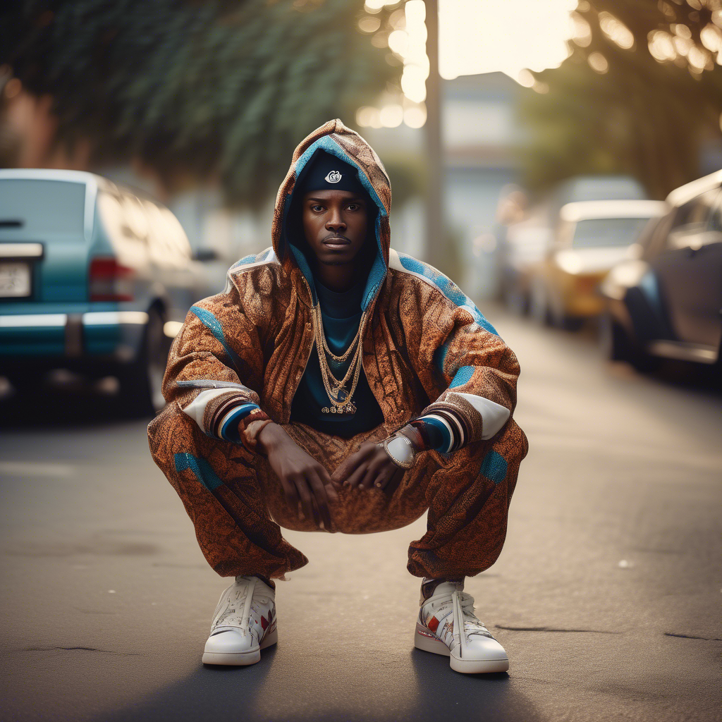 Fashion photography of an African dressed in large hiphop clothes from 1980s , wearing sneakers , Sony Alpha α7, ISO1900, volumetric lighting,