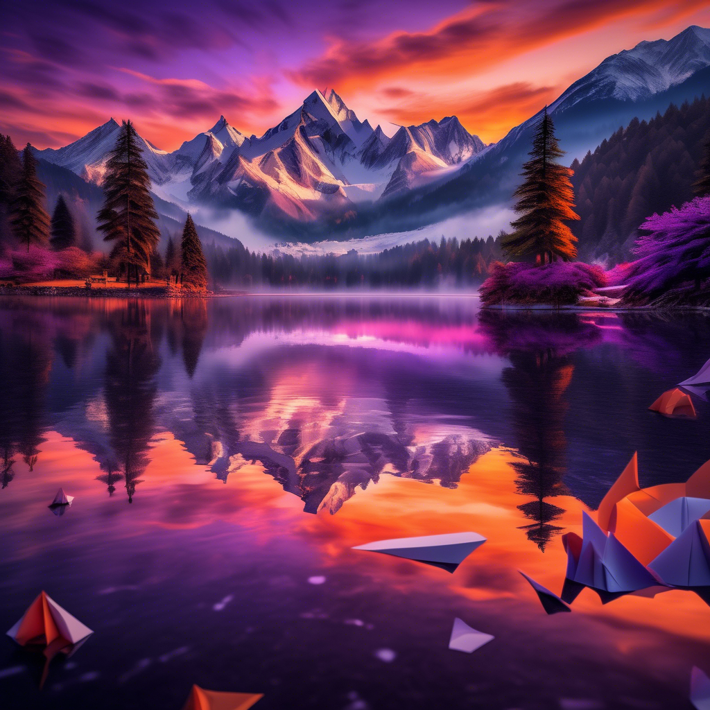 A breathtaking view of snow-capped mountains under a vivid orange and purple sunset, with a pristine lake reflecting the peaks. The scene includes lush pine trees in the foreground and mist rolling over the hills. Captured in 8K resolution with HDR lighting, a wide-angle 24mm lens, and vibrant color grading. The mood is serene and awe-inspiring.