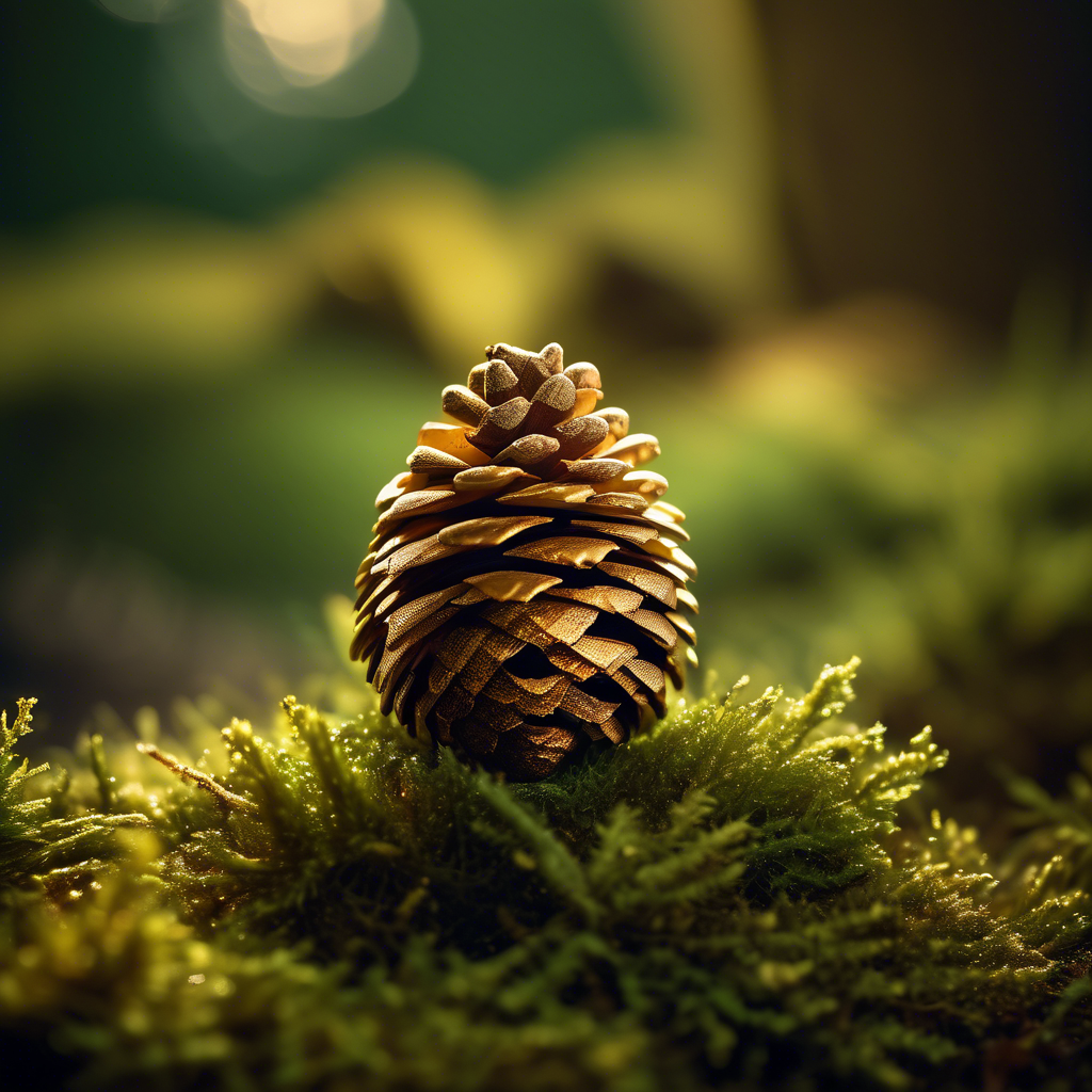 A Fibonacci-patterned pinecone surrounded by soft green moss and illuminated by golden morning light.