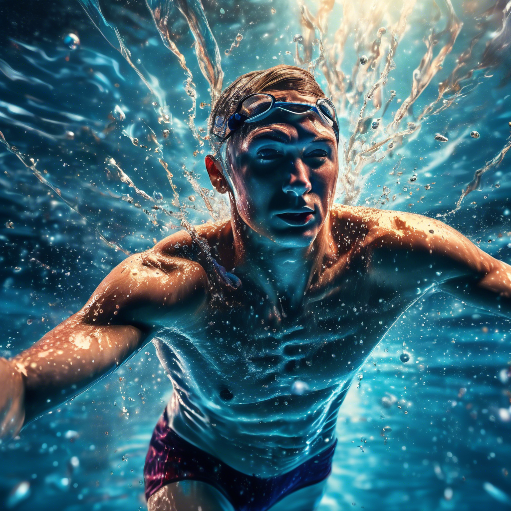 "Swimmer Breaking the Surface" A professional swimmer breaking through the water's surface, droplets frozen in mid-air. The pool reflects the bright overhead lights. Captured in 8K with ultra-sharp details and vibrant colors.