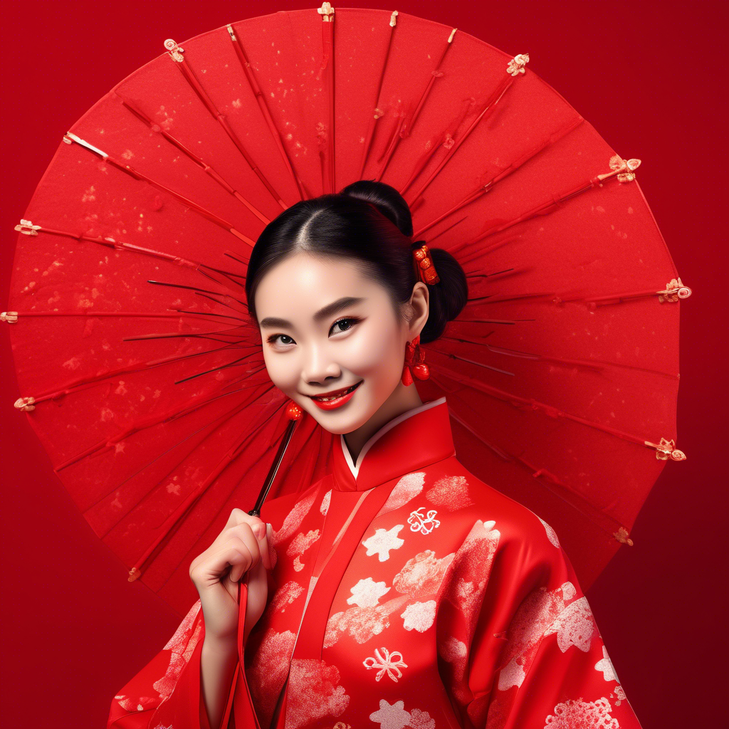 a young model dressed in Chinese clothing is posing with a umbrella in front of a red background, snowflake. solid color red background, Excellent skin texture, Smiling expression, cheerful atmosphere, in the style of eye-catching resin jewelry, Beauty product advertising, photo studio, the stars art group, xing xing, matte photo, minimalist beauty, meticulous linework precision, feminine beauty