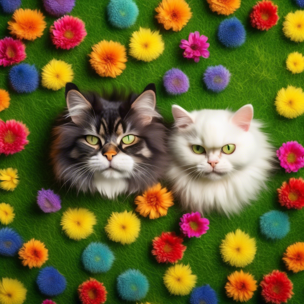 A cat and dog lying side by side on a green lawn, with colorful flowers in the background, captured in 8K using a macro lens for detailed fur textures.
