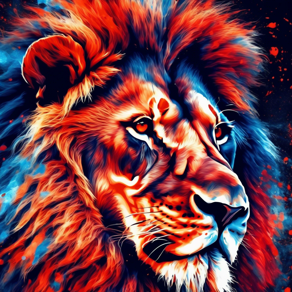 A roaring lion with an abstract watercolor effect, blending vivid red, orange, and blue hues, captured in 4K with sharp details and a surreal art style.