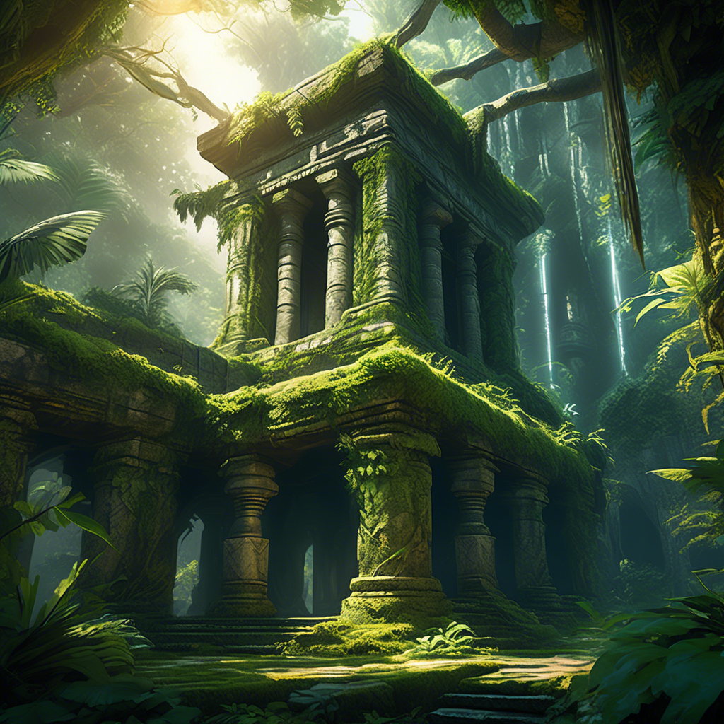 An overgrown ancient stone temple partially hidden by dense jungle foliage, with vines cascading down its walls. Sunlight filters through the canopy, creating dappled patterns on the mossy stones. Exotic birds can be seen in the distance, and the air feels humid and alive. Captured in 8K resolution with a 35mm lens, deep depth of field, and natural, vibrant lighting. The scene is mysterious and awe-inspiring.