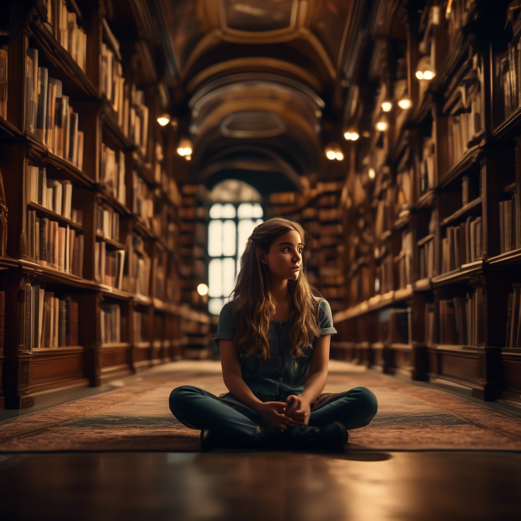 A curious girl sitting cross-legged on the floor of a grand library, surrounded by books. The scene is detailed with shelves that stretch into the distance. Captured in 8K with warm, ambient lighting.
