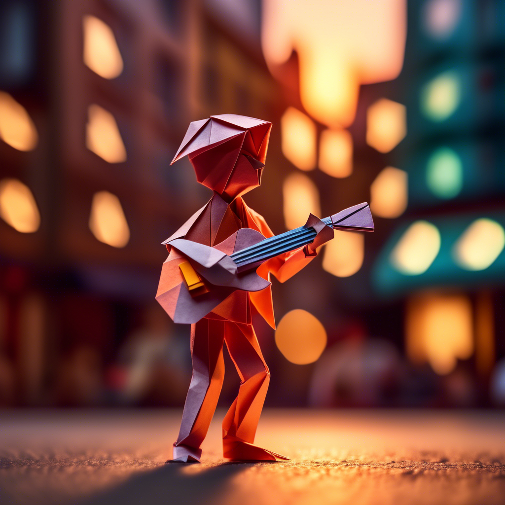 A young guitarist performing on a bustling urban street at sunset. The background features blurred pedestrians and glowing shop lights. Captured in 8K with a cinematic lens, vibrant color tones, and dynamic lighting.