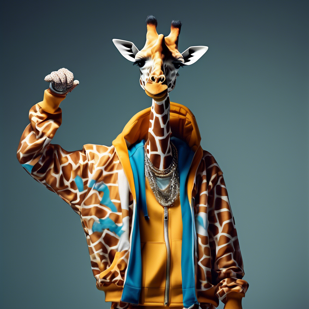 Fashion photography of a anthropomorphic giraffe dressed in large hiphop clothes from 1980s , wearing sneakers , Sony Alpha α7, ISO1900, volumetric lighting,
