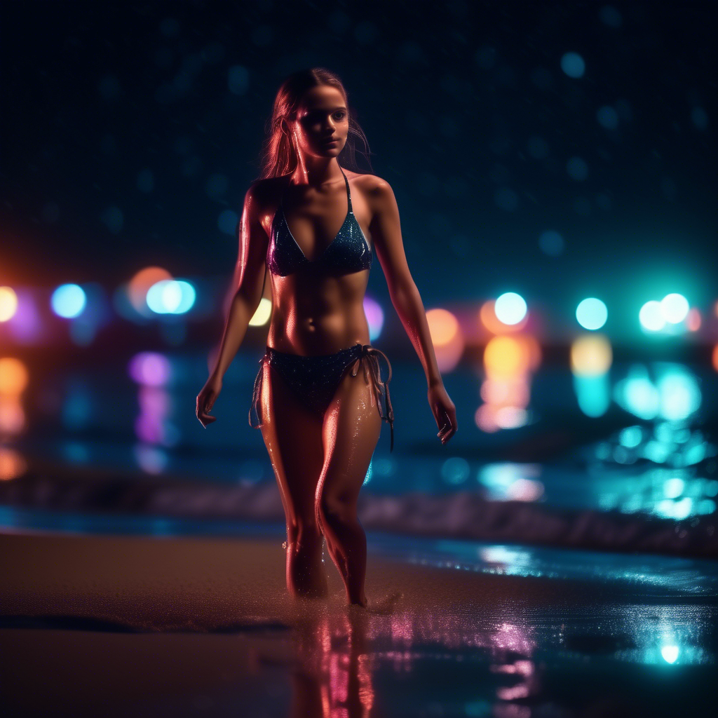 A confident girl in a swim wear walking on a beach at night, neon lights reflecting off the wet sand, captured in 4K with a 50mm lens and dramatic lighting.