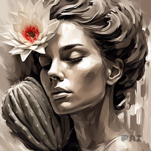 Fusion between loose Grisaille and  impasto, Stunning Portrait art in the style of julio reyes model looking at a blooming cactus flower bloom