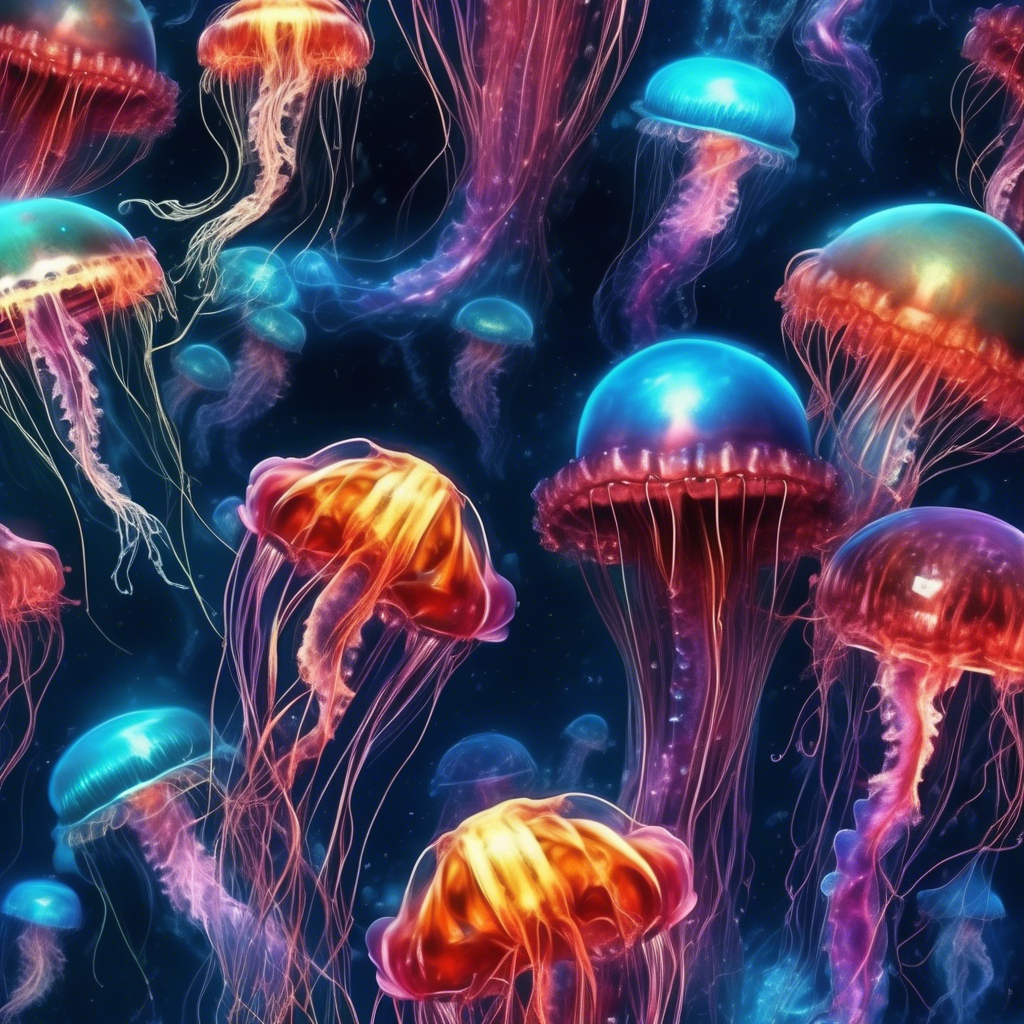 Radioactive jellyfish in a sea of liquid methane, extraterrestrial life forms, gorgeous photorealism, Mesmerizing artwork