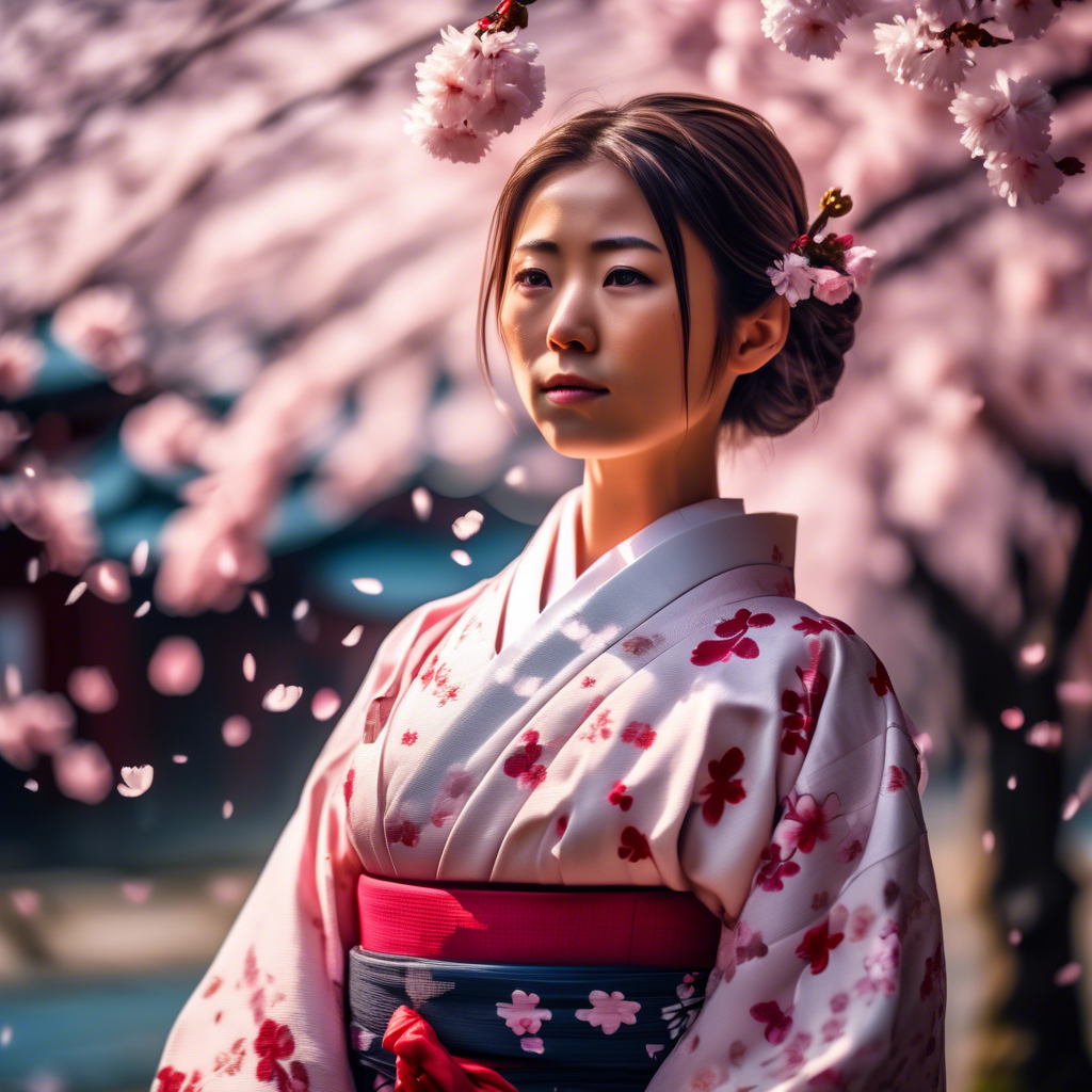 A girl in a traditional Japanese kimono standing under cherry blossom trees, petals falling gently around her, captured in 8K HDR with a telephoto lens.