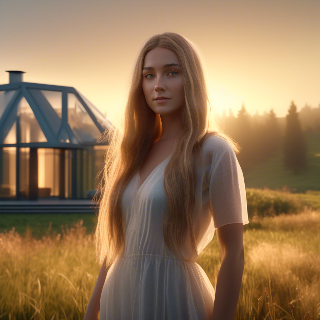 A beautiful girl with long flowing hair, standing in a meadow during golden hour, the sunlight softly illuminating her face, captured with a 4K ultra-wide lens, shallow depth of field, and cinematic color grading. A modern glass house with sleek architecture, sitting atop a misty hill during early morning, captured in 4K with dramatic lighting and a wide-angle lens. A cat and dog lying side by side on a green lawn, with colorful flowers in the background, captured in 8K using a macro lens for detailed fur textures.