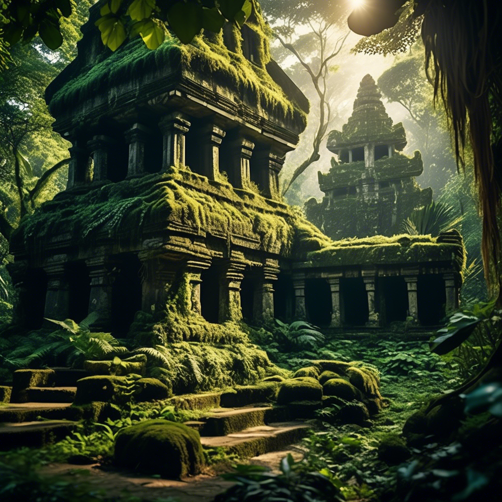 An overgrown ancient stone temple partially hidden by dense jungle foliage, with vines cascading down its walls. Sunlight filters through the canopy, creating dappled patterns on the mossy stones. Exotic birds can be seen in the distance, and the air feels humid and alive. Captured in 8K resolution with a 35mm lens, deep depth of field, and natural, vibrant lighting. The scene is mysterious and awe-inspiring.