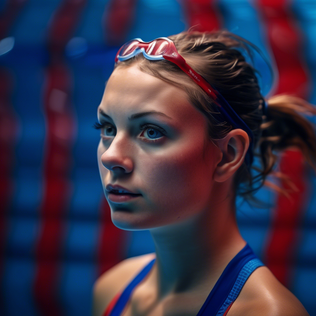 full figure portrait photo of a female swimmer make up, blue on red, side profile, looking away, serious eyes, 50mm portrait photography, hard rim lighting photography--beta the photo must be real