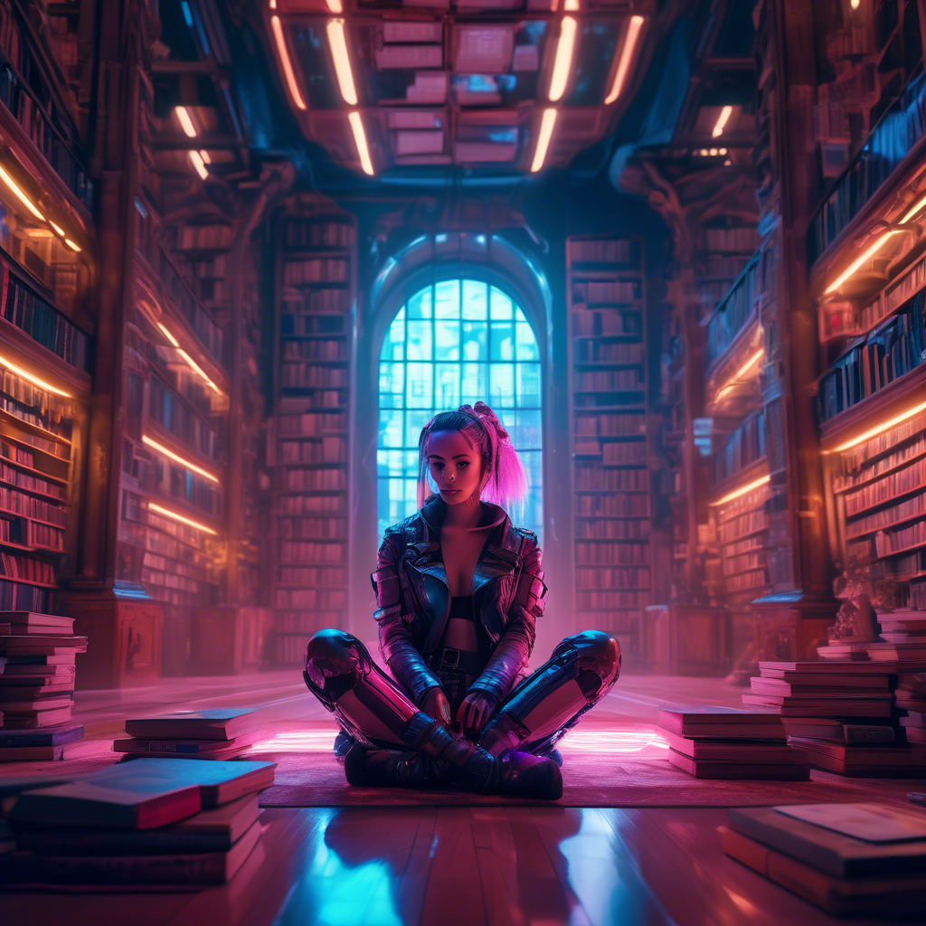 A curious girl sitting cross-legged on the floor of a grand library, surrounded by books. The scene is detailed with shelves that stretch into the distance. Captured in 8K with warm, ambient lighting.