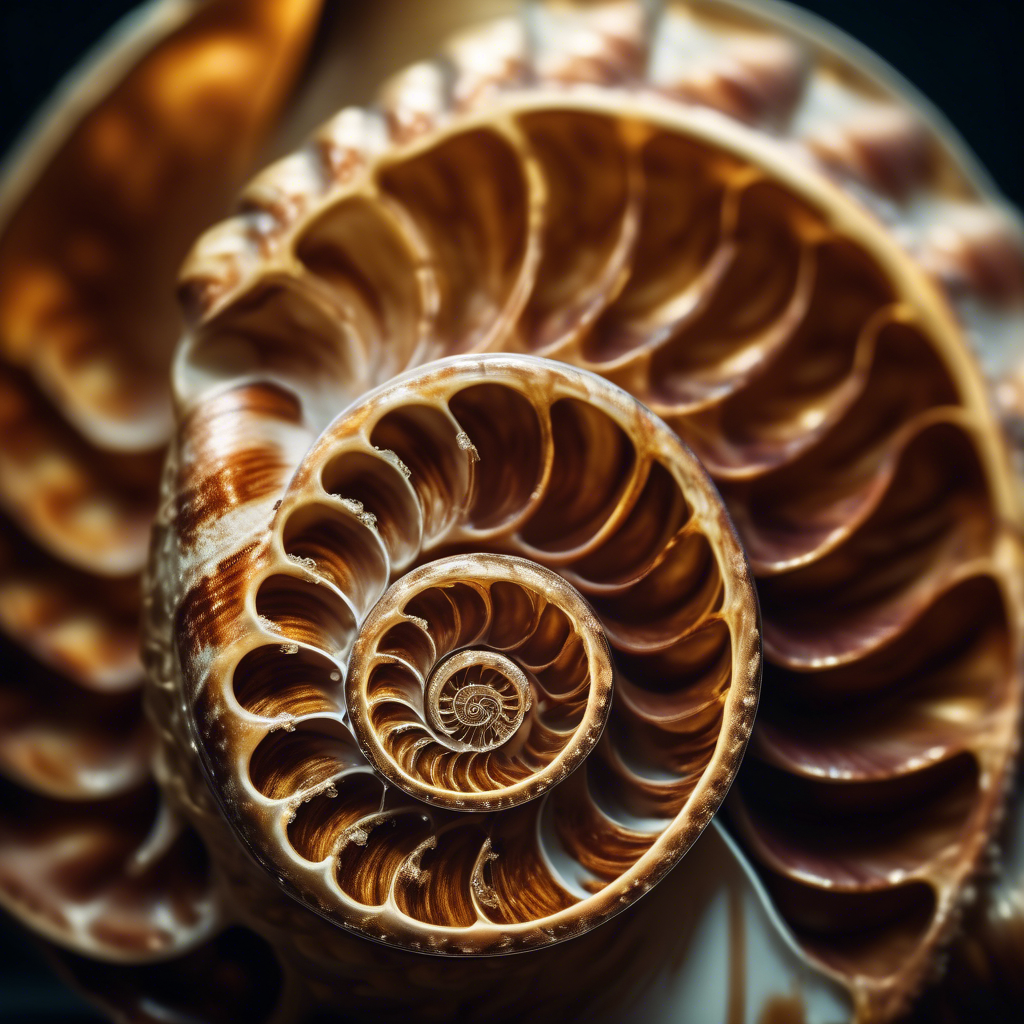 A close-up of a nautilus shell split in half, revealing intricate golden spiral patterns in exquisite detail.