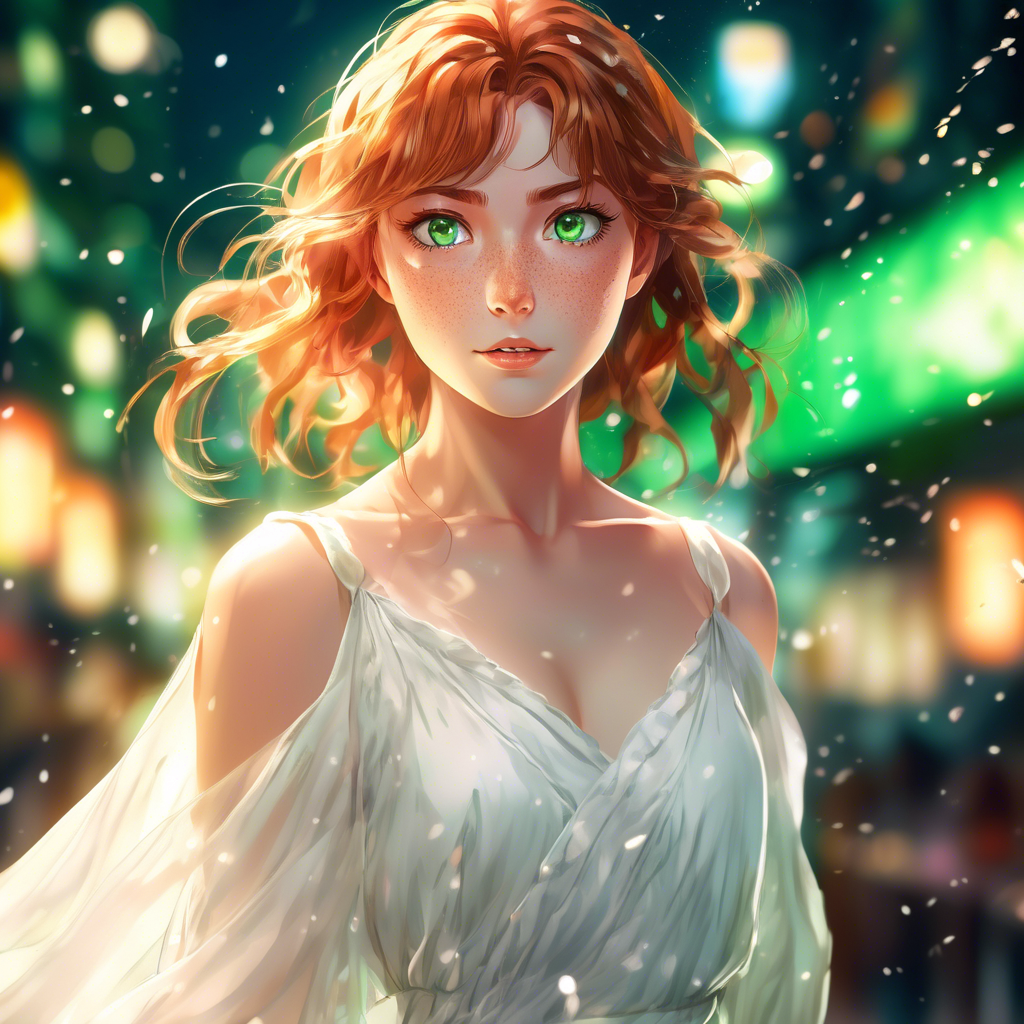A young woman with freckles and vibrant green eyes, wearing a flowing white dress, captured in a close-up portrait shot, with 8K resolution, soft lighting, and a bokeh background.