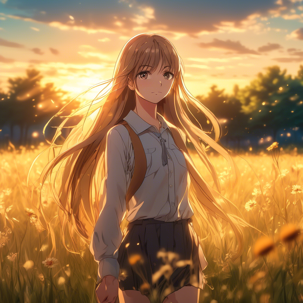 A beautiful girl with long flowing hair, standing in a meadow during golden hour, the sunlight softly illuminating her face, captured with a 4K ultra-wide lens, shallow depth of field, and cinematic color grading.