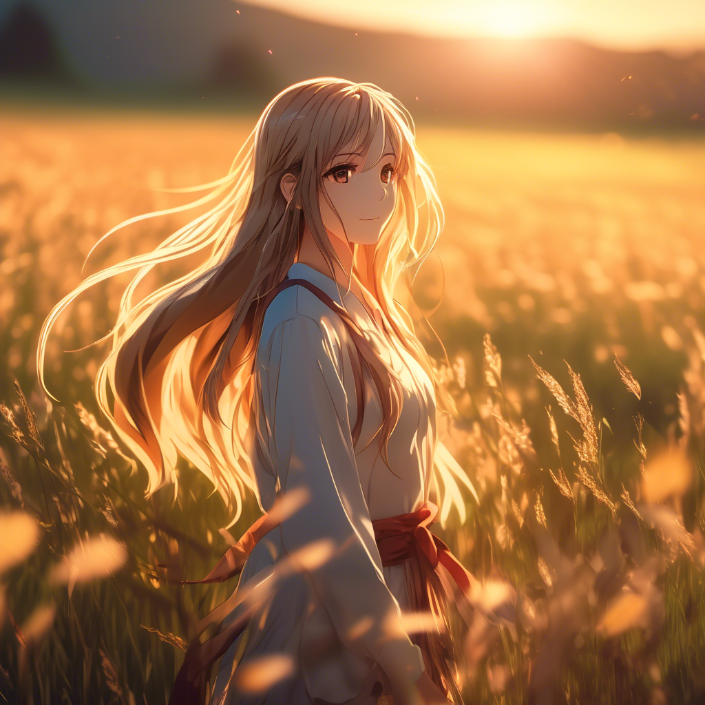 A beautiful girl with long flowing hair, standing in a meadow during golden hour, the sunlight softly illuminating her face, captured with a 4K ultra-wide lens, shallow depth of field, and cinematic color grading.