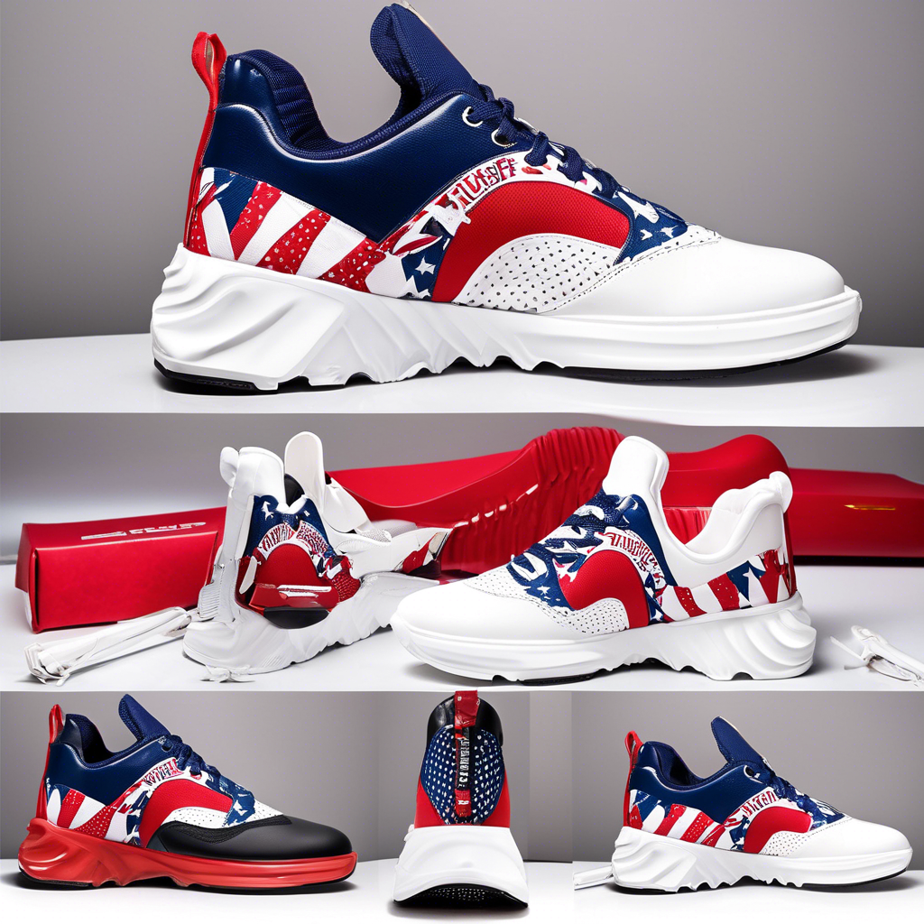 sneaker with donald trump print design, designed with a sleek, modern aesthetic and advanced technology. The sneakers should feature: Upper Design: Lightweight, breathable mesh and synthetic leather upper with strategically placed reinforcements around the toe and sides. Include an adaptive lacing system and an external TPU heel counter for support. Sole Design: A dual-density outsole with "Go-Stop" technology, featuring tiny, strategically arranged spikes made of a thermoplastic polyurethane (TPU) and graphene-enhanced rubber blend. The spikes should be visible and emphasize their function for grip and controlled sliding. Color and Details: Showcase the sneakers in a classic white base with vibrant accents (such as neon or reflective elements), highlighting the brand's logo on the tongue and heel. Include subtle perforations and mesh panels for ventilation. Context: Display the sneakers on a tennis court with a slight sliding motion, demonstrating the controlled stopping capability of the "Go-Stop" technology. Optionally, include a player in action, focusing on the foot movement and grip. Aesthetic: The overall look should be dynamic, clean, and professional, emphasizing the shoe's cutting-edge design and performance features.  hyperrealistic, full body, detailed clothing, highly detailed, cinematic lighting, stunningly beautiful, intricate, sharp focus, f/1. 8, 85mm, (centered image composition), (professionally color graded), ((bright soft diffused light)), volumetric fog, trending on instagram, trending on tumblr, HDR 4K, 8K