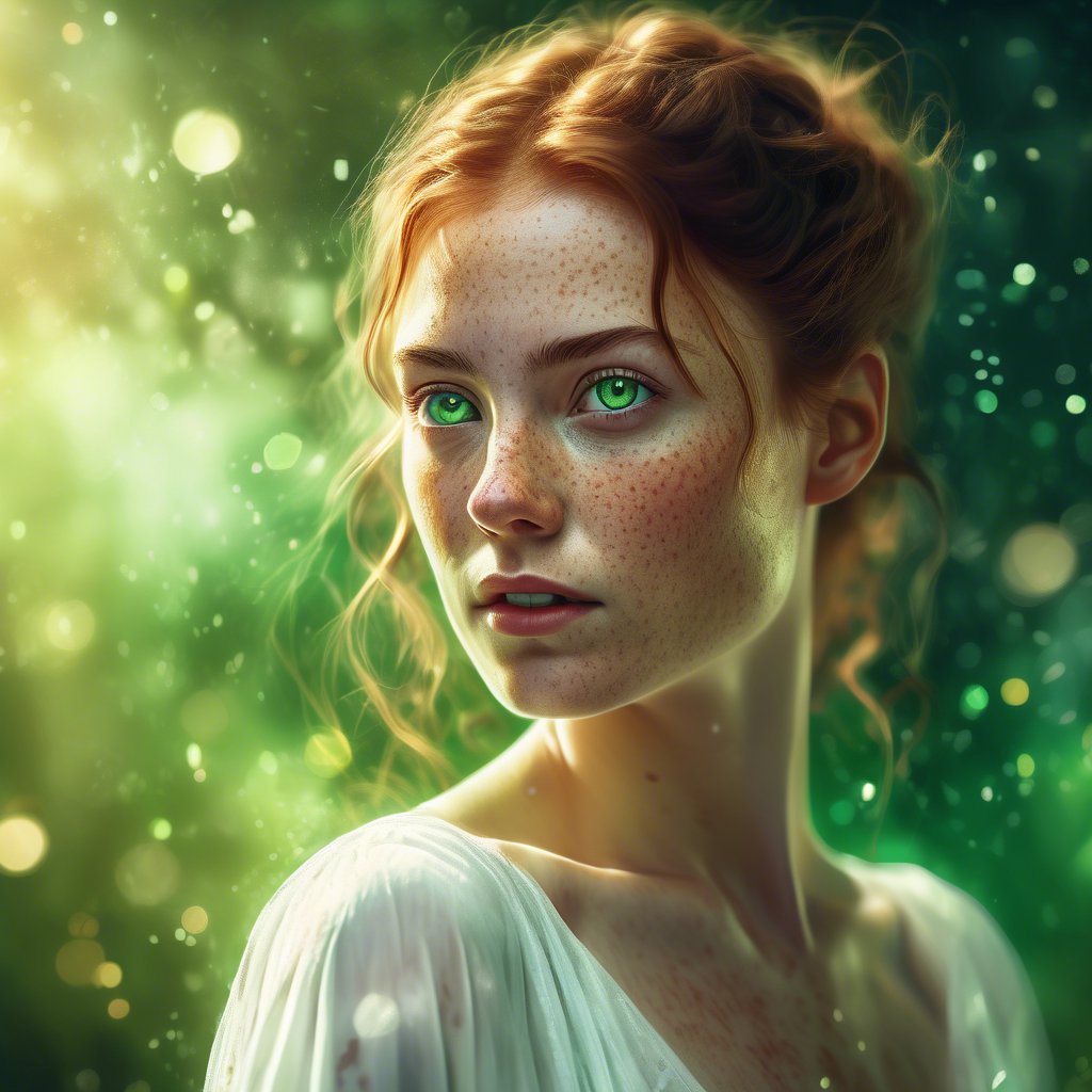 A young woman with freckles and vibrant green eyes, wearing a flowing white dress, captured in a close-up portrait shot, with 8K resolution, soft lighting, and a bokeh background.