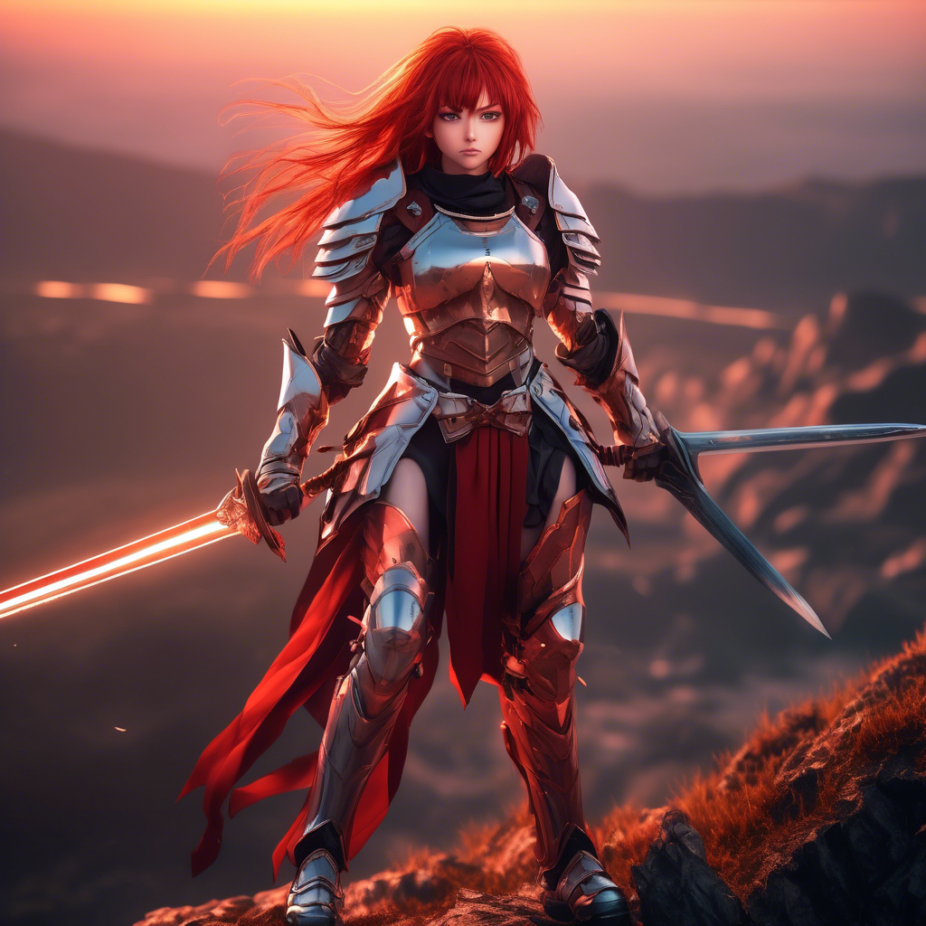 "Warrior Anime Girl in Battle Armor" A strong anime girl with flowing red hair, wielding a massive sword. She wears futuristic battle armor, standing atop a cliff overlooking a battlefield at sunset. Captured in 8K with dramatic lighting and vivid detail.