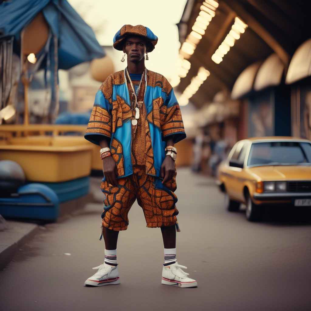 Fashion photography of an African dressed in large hiphop clothes from 1980s , wearing sneakers , Sony Alpha α7, ISO1900, volumetric lighting,