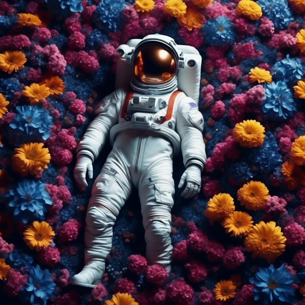 astronaut laying in flowers, top view, cinematic, dark light, beautiful colors, detailled, 4k