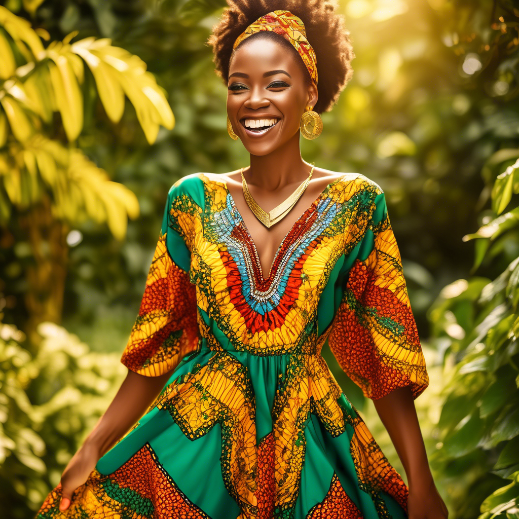 A joyful woman wearing a vibrant Ankara fabric dress with intricate patterns, adorned with golden jewelry. She stands outdoors with a sunny background of lush green foliage. 8K resolution with warm, natural lighting.