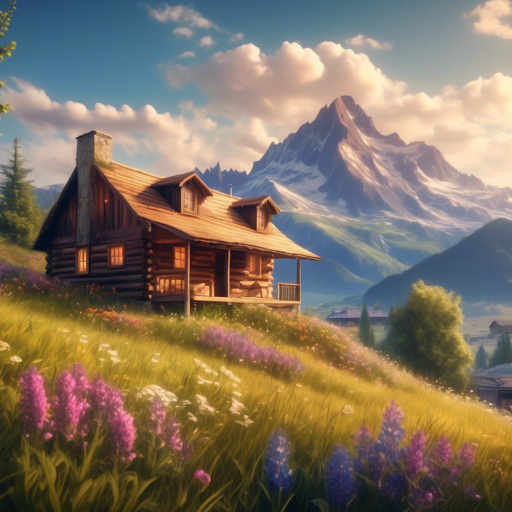 A cozy wooden cabin perched on a grassy hill, surrounded by wildflowers, with a picturesque mountain range in the background, captured in 8K with a 24mm lens and vivid HDR settings.