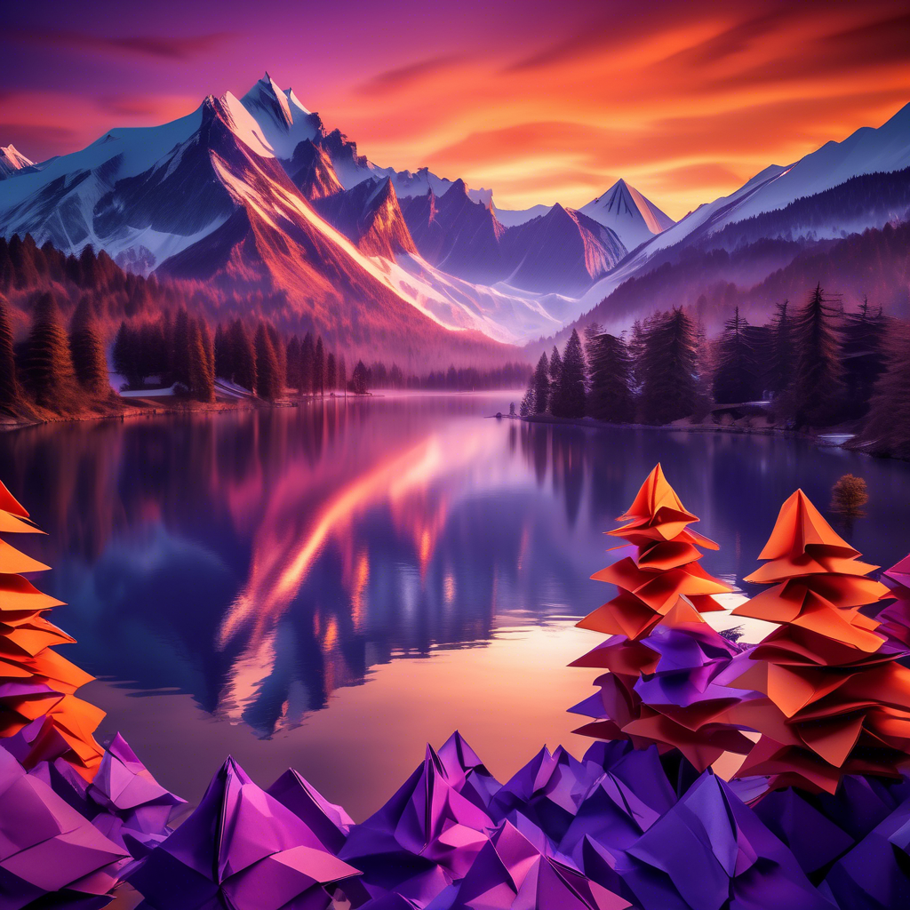 A breathtaking view of snow-capped mountains under a vivid orange and purple sunset, with a pristine lake reflecting the peaks. The scene includes lush pine trees in the foreground and mist rolling over the hills. Captured in 8K resolution with HDR lighting, a wide-angle 24mm lens, and vibrant color grading. The mood is serene and awe-inspiring.