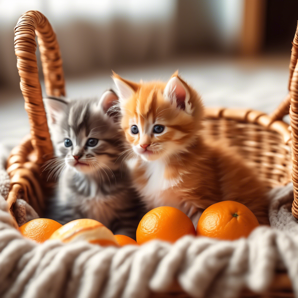 "Playful Kittens in a Basket" Two fluffy kittens, one orange tabby and one gray, playing in a wicker basket on a soft blanket. The setting is a sunlit room, with a cozy and warm atmosphere. Captured in 8K with shallow depth of field.