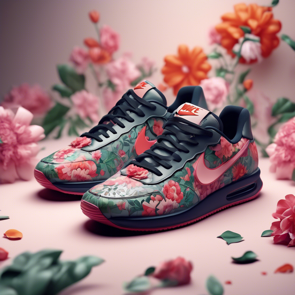 sneakers with silicone soles, nike logo in the shoe, design, flowers, insanely detailed, 8k --ar 4:5