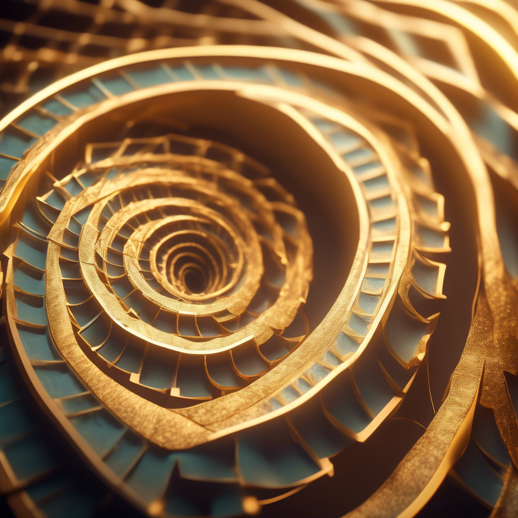 An abstract geometric design with interlocking Fibonacci spirals, glowing in radiant gold and soft pastel gradients.