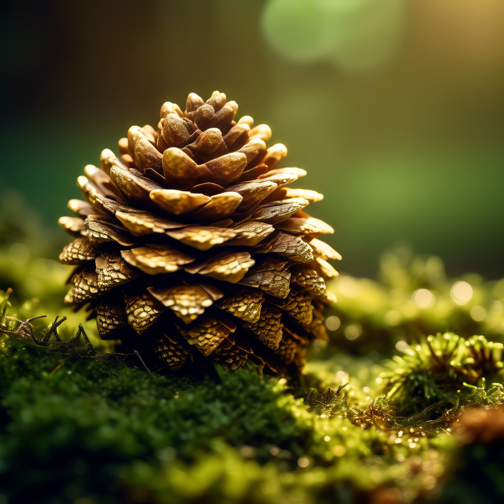 A Fibonacci-patterned pinecone surrounded by soft green moss and illuminated by golden morning light.