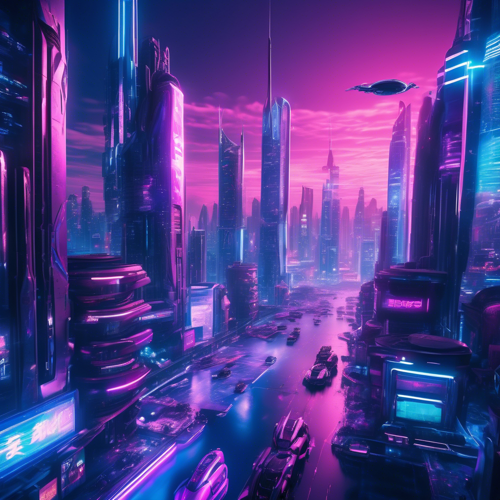 A sprawling futuristic city illuminated by neon lights in shades of blue, pink, and purple. Flying cars zip through the air, and towering skyscrapers feature holographic advertisements. The streets below are bustling with people in cyberpunk-inspired clothing. Captured in 8K resolution with a 35mm lens, shallow depth of field, and cinematic lighting. The atmosphere is energetic and vibrant.