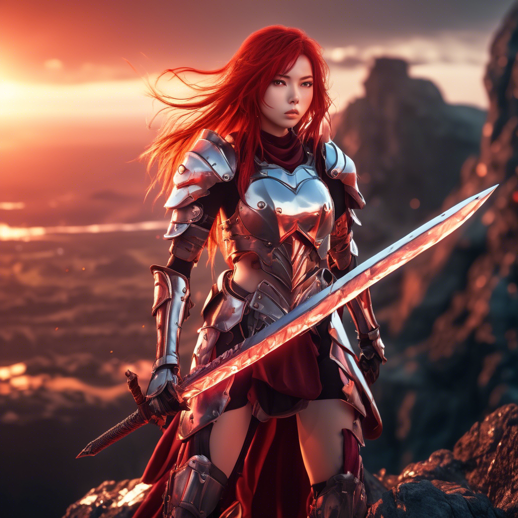 "Warrior Anime Girl in Battle Armor" A strong anime girl with flowing red hair, wielding a massive sword. She wears futuristic battle armor, standing atop a cliff overlooking a battlefield at sunset. Captured in 8K with dramatic lighting and vivid detail.
