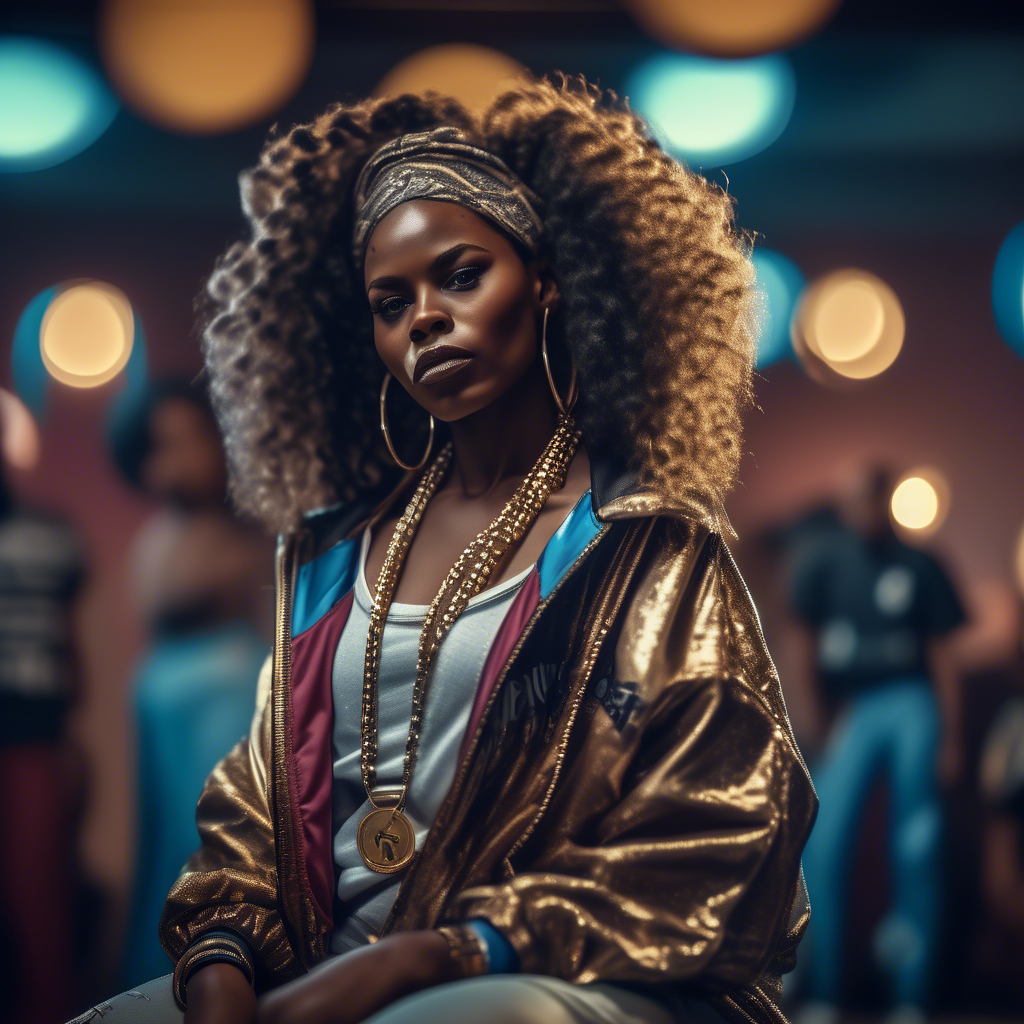 Fashion photography of an African beauty queen dressed in large hiphop clothes from 1980s , wearing sneakers , Sony Alpha α7, ISO1900, volumetric lighting,