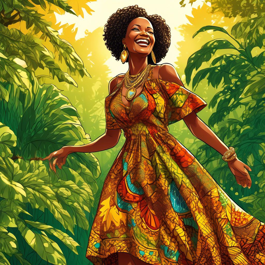 A joyful woman wearing a vibrant Ankara fabric dress with intricate patterns, adorned with golden jewelry. She stands outdoors with a sunny background of lush green foliage. 8K resolution with warm, natural lighting.