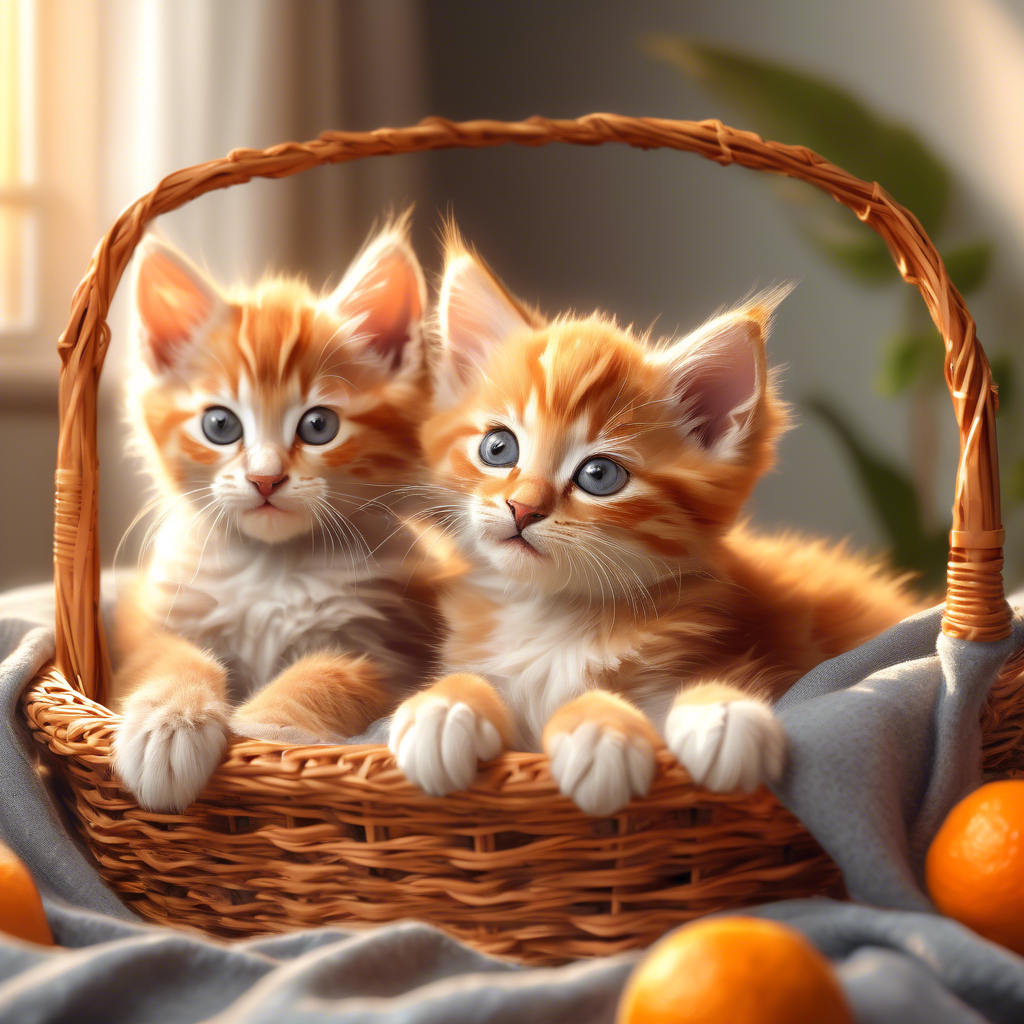 "Playful Kittens in a Basket" Two fluffy kittens, one orange tabby and one gray, playing in a wicker basket on a soft blanket. The setting is a sunlit room, with a cozy and warm atmosphere. Captured in 8K with shallow depth of field.