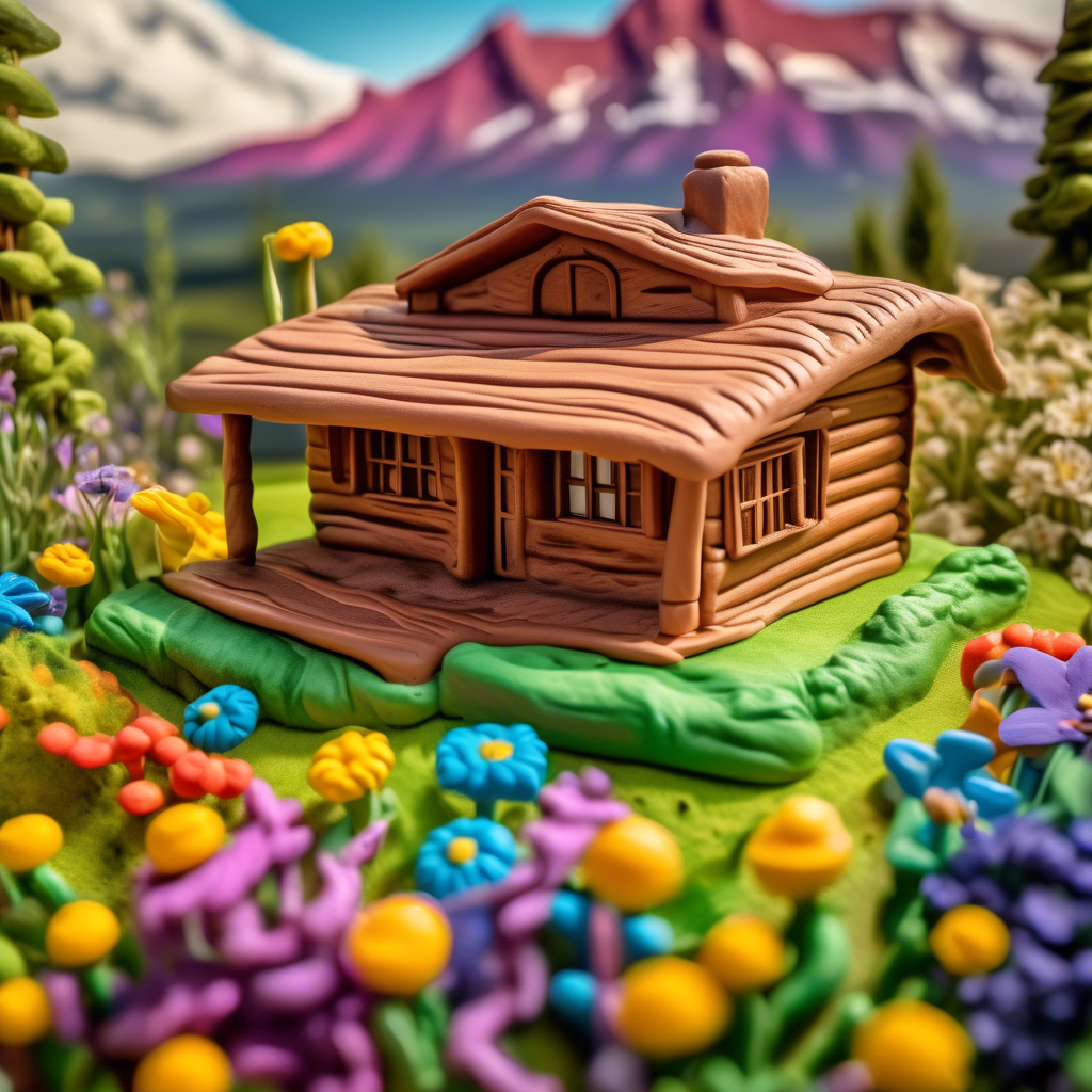 A cozy wooden cabin perched on a grassy hill, surrounded by wildflowers, with a picturesque mountain range in the background, captured in 8K with a 24mm lens and vivid HDR settings.