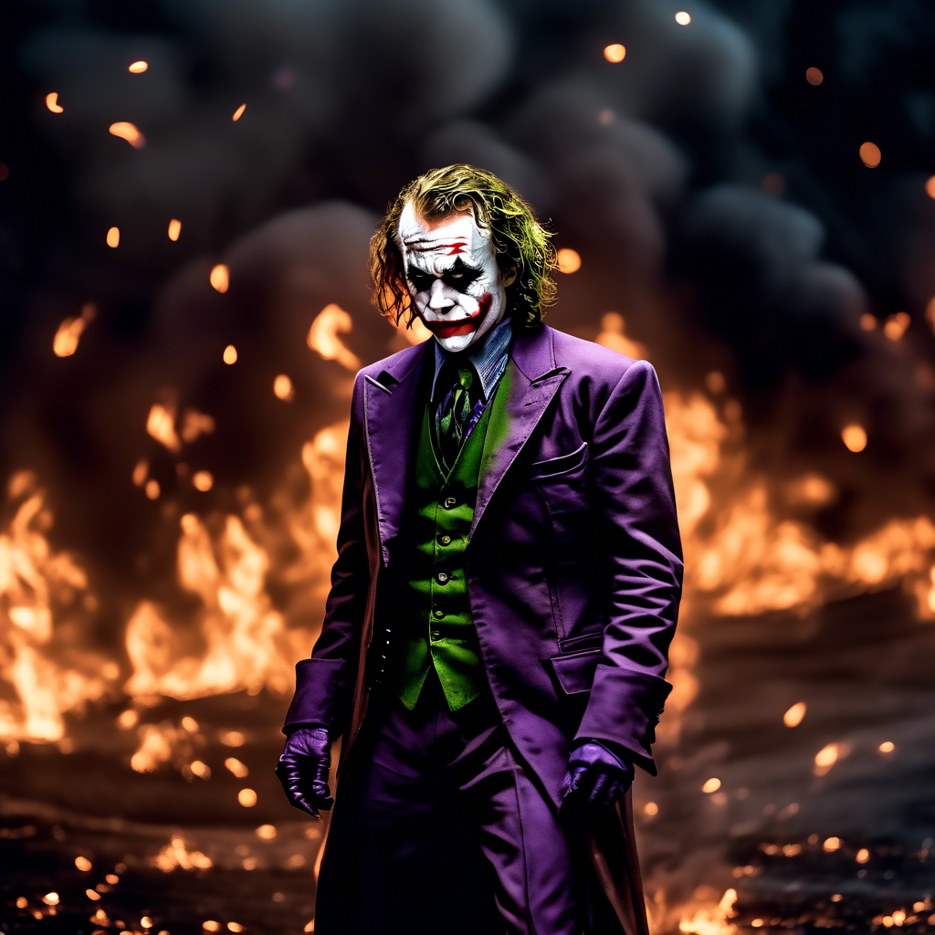 dark and gloomy, a full body photo of Heath Ledger as the joker, the flames behind him , lifelike texture, dynamic composition, Fujifilm XT2, 85mm F1.2, 1/80 shutter speed, (bokeh), high contrast, cinematic, movie still, 8K