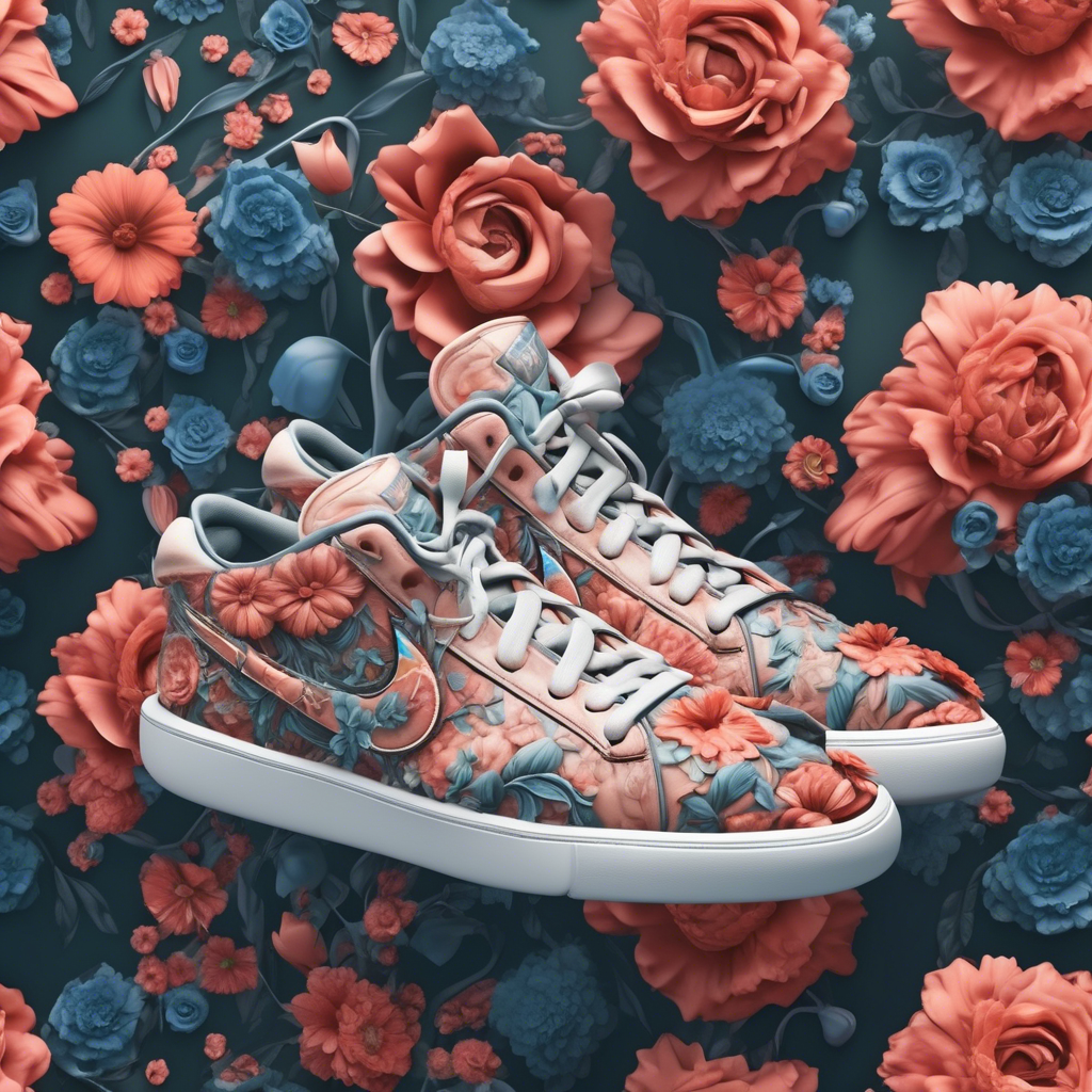 sneakers with silicone soles, nike logo in the shoe, design, flowers, insanely detailed, 8k --ar 4:5